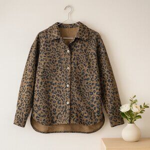 Cozy‎ Leopard Print Corduroy Shirt Jacket Brown Fall Layering